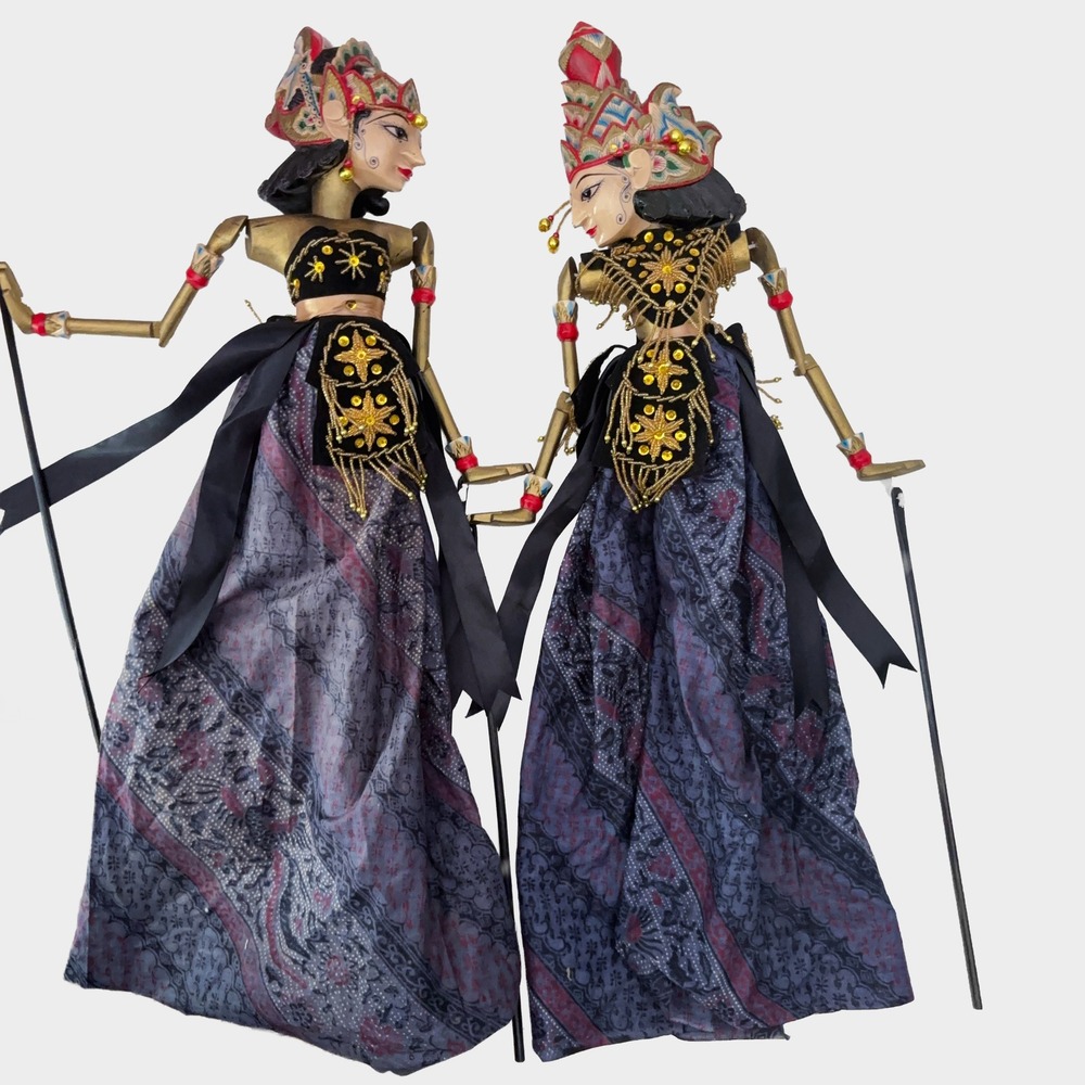 VTG Wayang Golek Indonesian Rod Puppets Rama & Sinta Hand Carved Large 26"